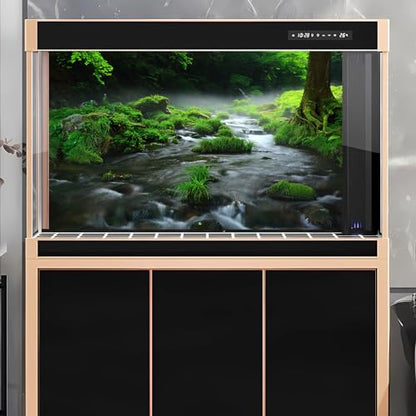 Stream Aquarium Background Aquatic Water Plants Rock Fish Tank Background Lush Green Forest Trees Terrarium Background Misty Foggy Stream Flowing Water Natural Landscape Aquarium Backdrops 24x12in - color: Foggy Green, size: 24(W)x12(H)in