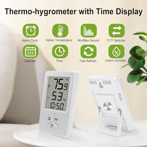 Urageuxy Digital Hygrometer Indoor Thermometer with Min Max Records, Humidity Gauge with Clock for Room, Home, Bedroom, Office, Greenhouse, Cellar - style: 5s Backlight