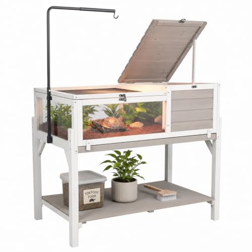 Large Tortoise Habitat with Adjustable Lamp Stand & Storage Shelf, Wooden Tortoise Enclosure with Viewing Window, Pull-Out Tray, 2-Room Reptile Turtle Enclosure House Indoor & Outdoor, Grey - size: 40.4"L x 23"W x 32"H