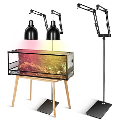 Reptile Heat Lamp Stand, Dual Reptile Light Stand with Two Flexible Bracket | Adjustable Heat Lamp Stand (15.7-74.3inch） with 360° Swing Arm and Anti tip Clip for Bearded Dragon Turtles Snake