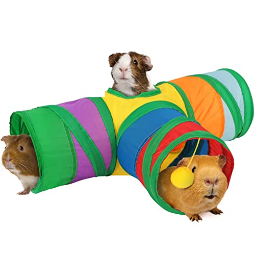 Rypet Guinea Pig Tunnel Hideout 3-Way Collapsible Small Pet Tubes, Rainbow | 3 Way Design for Exploration, Collapsible for Easy Storage, Built-in Play Ball, Hiding & Resting for Hamsters Ferrets - color: Rainbow