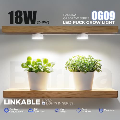 Barrina Orbgrow OG09 Puck Grow Light, 18W(2 x 9W), 5000K, 2 Packs, White | Full Spectrum Plant Light for Indoor Plants, Magnetic & Linkable, Small Grow lamp, Perfect for Plant Shelf - color: 5000K-White Cover, size: 2 Packs without Timer
