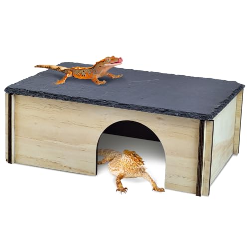 PINVNBY Large Bearded Dragon Basking Platform, Wooden Snake Hide, Ball Pythons Hide with Slate Rock, Leopard Gecko Tank Accessories for Geckos, Crested Gecko Chameleon Turtles (L: 11.8x7.87 inches) - size: L: 11.8x7.87 inches