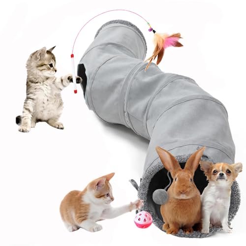2-Way Collapsible Cat Tunnel Tube Toy Pack Set | Interactive Play Tunnel with Ball and Wand Toy for Indoor Cats, Kittens, Puppies & Rabbits - color: Grey fleece