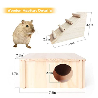 Fhiny Wooden Hamster Hideout for Small Animal, Gerbils Chamber Hut with Ladder Habitats Decor, Maze Climbing Toys for Dwarf Syrian Hamsters Mice and Other Small Pets - size: 2-Chamber with Ladder