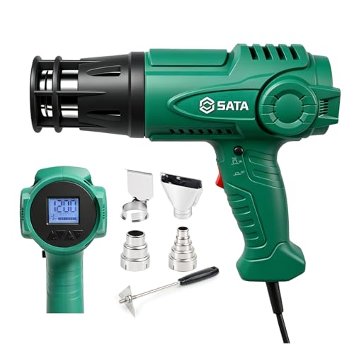 SATA Heat Gun with LCD Display, Variable Temperature 120℉-1200℉ Hot Air Gun with Memory Function and One-Touch Cooling for Vinyl Wrap, Paint Remover, Heat Shrink and Crafts, Anti-Scald Air Nozzle