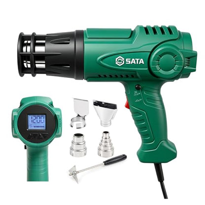 SATA Heat Gun with LCD Display, Variable Temperature 120℉-1200℉ Hot Air Gun with Memory Function and One-Touch Cooling for Vinyl Wrap, Paint Remover, Heat Shrink and Crafts, Anti-Scald Air Nozzle