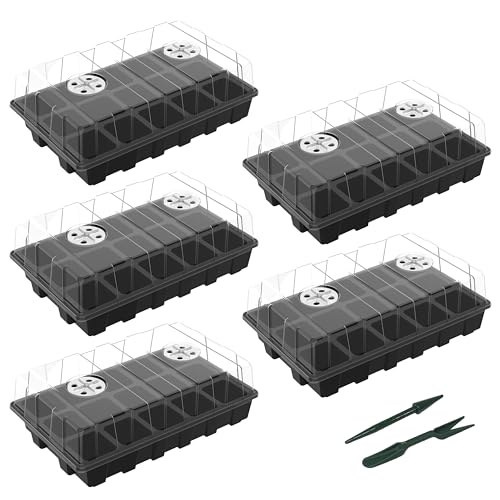 Gardzen 5 Pack Seed Starter Trays with Vented Domes 75 Cell Black | Reusable Plant Germination Kit with Humidity Domes and Bases for Starting Seeds, 15"x9" Tray - size: 15-Cell 5-Pack