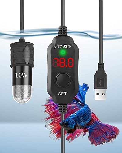 AquaMiracle Mini Aquarium Heater 5V/2A USB 10W Small Fish Tank Heater for Tanks up to 1 Gal, Digital Display Thermostat Betta Heater with Dry-Run & Overheat Protection, Memory Function - size: ≤ 1 Gal Tanks