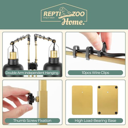 Metal Dual Reptile Lamp Stand, 17.8"-36.2" Adjustable Tall Heat Lamp Stand, Retractable Reptile Light Stand, Aquarium Terrarium Light Holder for Bearded Dragon Turtles Snake Chicks-Glod