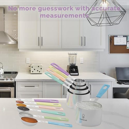 Measuring Cups and Measuring Spoons Set of 14 - Stainless Steel Measuring Cups and Spoons Set, Includes 1/8 Teaspoon Measuring Spoon, 1/8 Cup Measuring Cup, Leveler Dry (14,Cotton Candy) - color: Cotton Candy