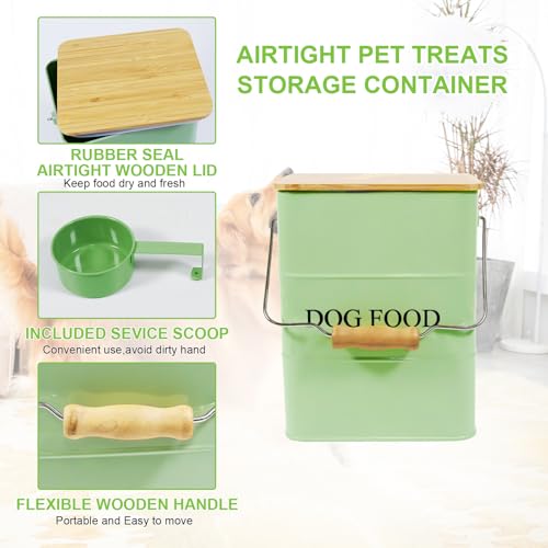 Dog Food storage container Dog Treats Jar,5~6 lb Metal food treats tin for Dog, pet snacks Canisters with wooden lid/handle/sevice scoop-Green - color: Dog-Green