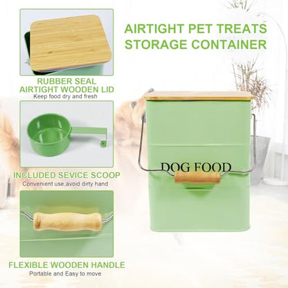Dog Food storage container Dog Treats Jar,5~6 lb Metal food treats tin for Dog, pet snacks Canisters with wooden lid/handle/sevice scoop-Green - color: Dog-Green