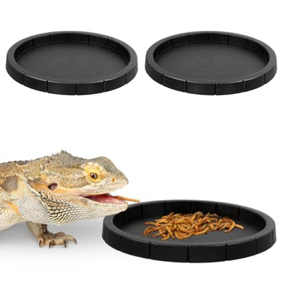Popetpop 2 Pcs Reptile Feeding Dish: Plastic Turtle Food Bowl, Reptile Food Dish for Tortoise, Leopard Gecko, Lizard, Bearded Dragon, Snake Drinking and Eating (Black, 6.9 Inch)