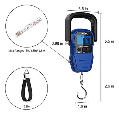 HEETA Fish Scale Digital Fishing Luggage Weight Scale with Measuring Tape | Up 110lb/50kg Portable Hanging Scale with Backlit LCD Display for Home Farm Outdoor Hunting Fishing, 2 AAA Batteries Included - color: Blue