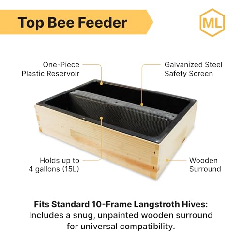Mann Lake Top Hive Feeder with Unpainted Wood Super, Leakproof Single Piece Plastic Reservoir, Galvanized Steel Safety Screen, Deep High Capacity Feeder Insert for Honey Bees