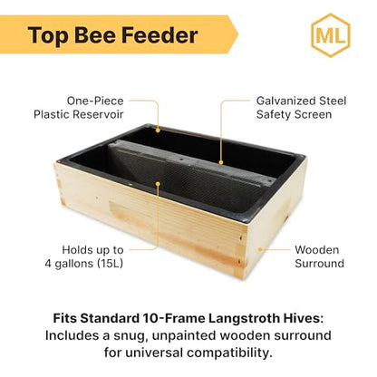 Mann Lake Top Hive Feeder with Unpainted Wood Super, Leakproof Single Piece Plastic Reservoir, Galvanized Steel Safety Screen, Deep High Capacity Feeder Insert for Honey Bees