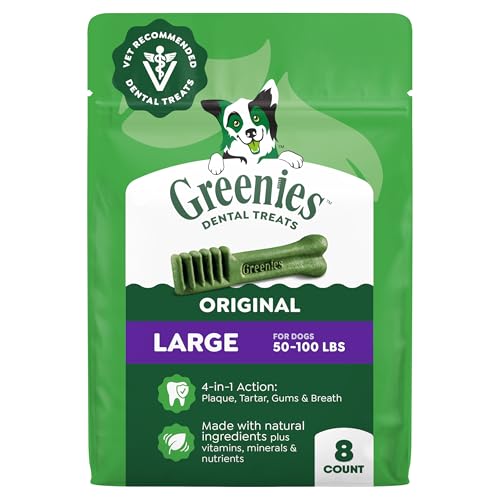 Greenies Large Natural Dental Dog Treats, Original Flavor, 8 Count | Veterinarian-recommended, cleaner teeth after 28 days, clean to gumline, for dogs 50-100 lbs, original chicken flavor - size: 8 Count (Pack of 1)