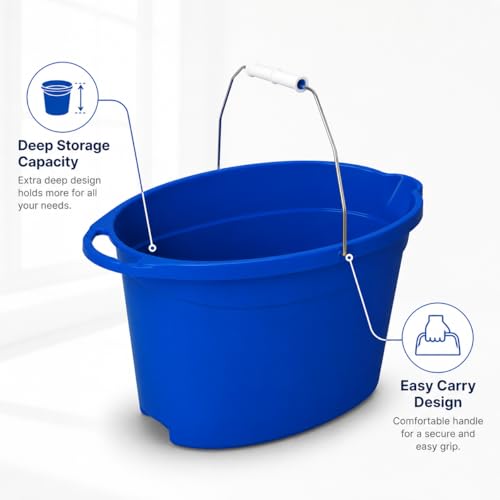 12 Quart Plastic Oval Bucket, Blue Multi-Purpose Utility Pail for Cleaning, Storage, Rinsing, Laundry, Car Wash, Home, Garage, Indoor and Outdoor Use