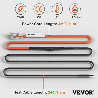 VEVOR Self-Regulating Pipe Heating Cable, 24-feet 5W/ft Heat Tape for Pipes Freeze Protection, Protects PVC Hose, Metal and Plastic Pipe from Freezing, 120V - size: 24 Feet