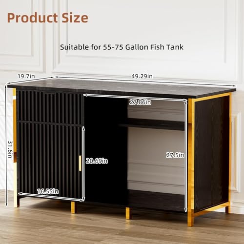 55-75 Gallon Fish Tank Stand, Aquarium Stand with LED Light, Black & Gold | 49 x 20 In Top, Modern Fluted Design, 2 Outlets, 2 USB Ports, Shelf Storage, Metal Frame Support, 1100 LBS, Turtle Tank Stand - color: Black and Gold