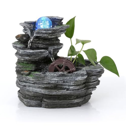 Tabletop Water Fountain, Resin Water Wheel, LED Light,Soothing Sound | Circulating water flow; indoor décor accent; planter space; easy on/off switch; calming desktop centerpiece,Ambient Light