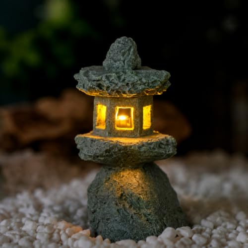 Japanese Pagoda LED Lamp Statue Figurine, Small Pagoda Lantern with Warm LED Light, Zen Garden Decor, Japanese Decor for Home, Desk, Bonsai, Terrarium, Aquarium Ornament - style: Style M