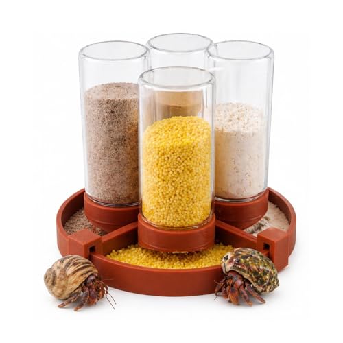Hermit Crab Feeder with 4 Glass Bottles and Feeding Trays | 4 removable bottles with trays keep crabitat feeding organized. Easy to refill and suitable for hermit crabs and reptiles. - color: Brown