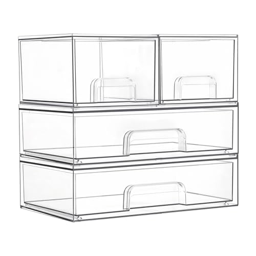Vtopmart Stackable Storage Drawers Set of 4, Clear Plastic Organizer Bins for Bathroom Supplies,Ideal for Cabinet,Pantry,Laundry Room Organization - style: 2 Small+2 Wide