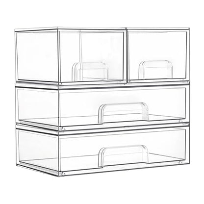 Vtopmart Stackable Storage Drawers Set of 4, Clear Plastic Organizer Bins for Bathroom Supplies,Ideal for Cabinet,Pantry,Laundry Room Organization - style: 2 Small+2 Wide