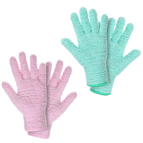Thinp 2 Pairs Microfiber Dusting Gloves, Reusable Plant Cleaning Gloves-Washable Leaf Cleaning Gloves Gentle Dusting Mitt for Plants House Kitchen Car Blinds Lamps (Pink, Green)