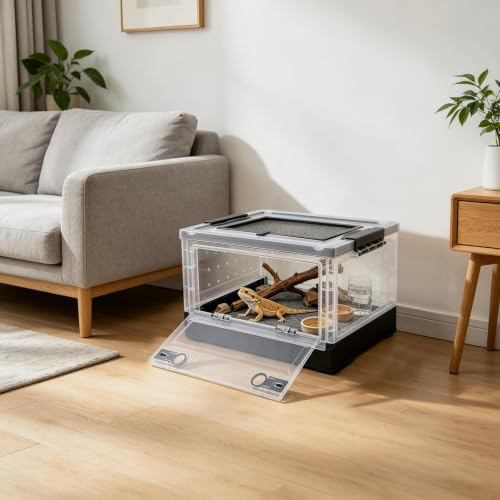 Foldable Reptile Glass Terrarium Tank, Pet Enclosure with Ventilation Mesh | Clear Small Space-Saving Desktop Habitat Carrier with Safety Latchesfor Bearded Dragon, Geckos, Snakes - color: Black