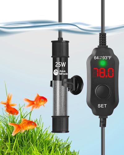 AquaMiracle Aquarium Heater 25W Fish Tank Heater for 3-5 Gal Tanks, LED Digital Display Thermostat Turtle Heater with Out-of-Water Auto Shut-Off, Overheat Protection & Memory Function - size: For 3-5 Gal Tank