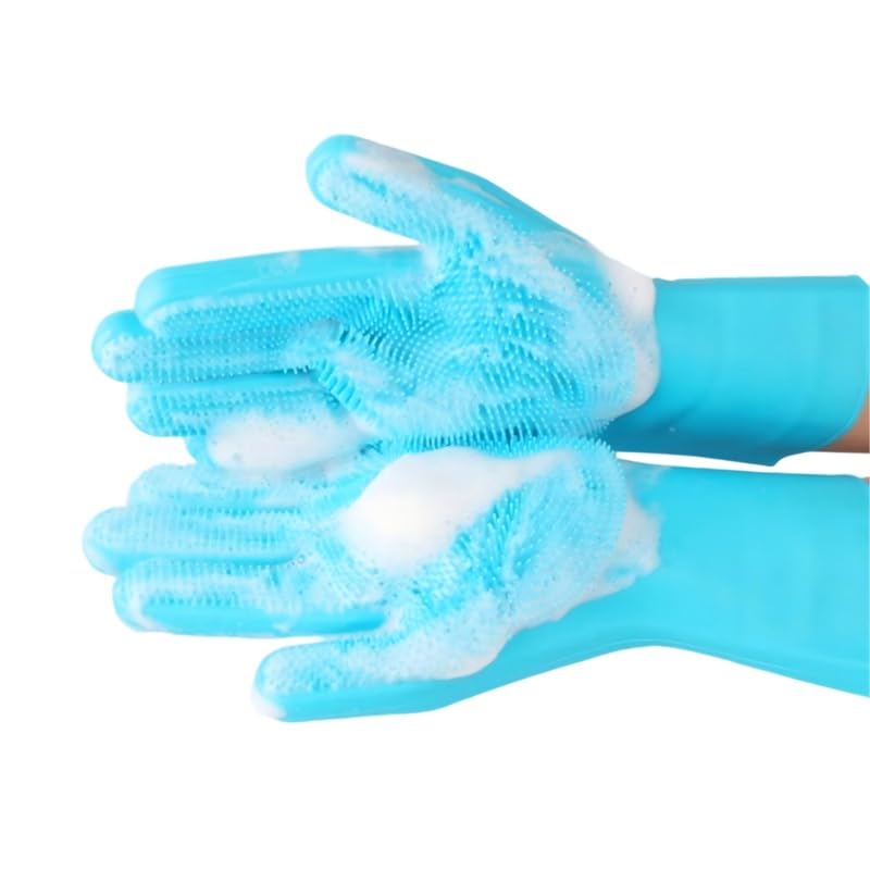 Pet Grooming Gloves, Heat Resistant Silicone Gloves，Silicone Hair Removal Mitt for Dogs and Cats,Cat Bathing Gloves ，Cat and Dog Massage Products， Blue。
