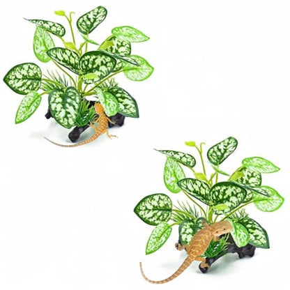 2 pcs Reptile Artificial Plants, Terrarium Decorations Supplies | Amphibian Habitat Hideout Tank Accessories, Rainforest Ground Plant
