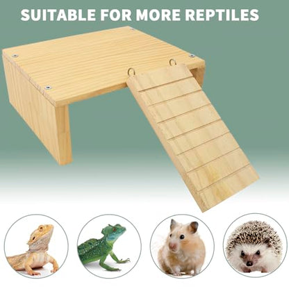 FlidRunest Reptiles Hide, Bearded Dragon Hide Cave with Ladder, Gecko Basking Platform for Tank, Wooden Accessories for Bearded Dragon Lizard Geckos Hamster
