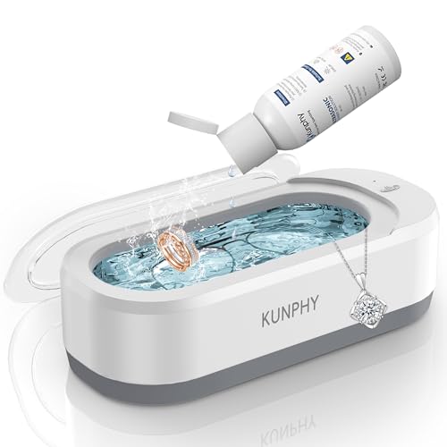 Jewelry Cleaner, 46KHZ, 12OZ Capacity, Ultrasonic Jewelry Cleaner with 50ml Solution, One-Touch Operation, Professional Ultrasonic Cleaner Idea for Silver, Gold Jewelry, Glasses, Rings, Diamond - color: White+SW001