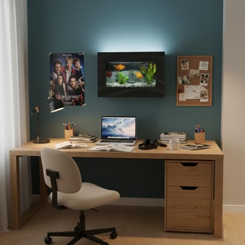 3.0 Wall Mounted Fish Tank Kit with LED Lighting, Built-in Filter System, Modern Space-Saving Design, Complete Accessories Set (View, Black)