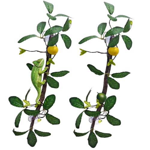 BNOSDM 2PCS Reptile Climbing Branch, Bendable Jungle Vine with Leaves Terrarium Plant Decoration with Suction Cup Chameleon Cage Accessories for Gecko Lizard Bearded Dragons Snake (Lemon Leaf) - color: Lemon Leaf
