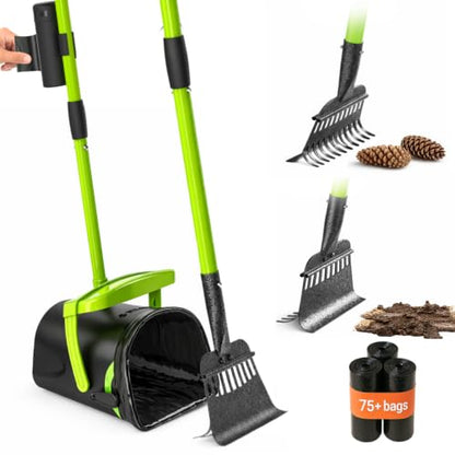 Dry & Wet Dog Pooper Scooper with 40" Long Handle for Large Dogs | Dog Poop Shovel and Rake , Large Capacity Swivel Bin, Bag Attachment, 75 Bags, Poop Scoop for Yard, Patent Pending