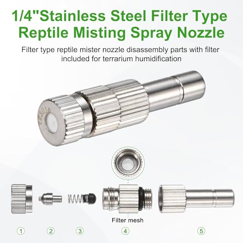 M METERXITY Reptile Mister Nozzles, 0.5mm Pore Copper 1/4" Four-Head Reptile Misting Spray Nozzle with filter Plug for Terrarium/Vivarium, 360 Degree Adjustable Nozzle [White]