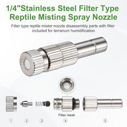 M METERXITY Reptile Mister Nozzles, 0.2mm Pore Copper 1/4" Four-Head Reptile Misting Spray Nozzle with filter Plug for Terrarium/Vivarium, 360 Degree Adjustable Nozzle [White]