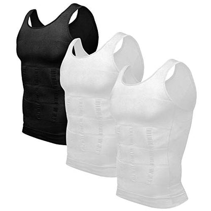Odoland Men Compression Shirt 3 Pack Body Shaper Vest Tank Top | Nylon & Spandex, Moisture-wicking Tummy Shaper for Gym, Running, Daily, Breathable, Stretchy - color: Black/White/White, size: Medium