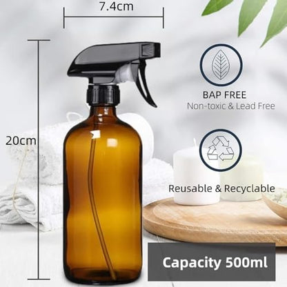 Spray Bottles– 16.9oz/500ml Refillable & Durable Fine Mist Plastic Sprayers with Adjustable Nozzle for Hair Care, Essential Oils, Cleaning, Gardening – Amber Empty Water Bottles （Amber/2-Pack ）