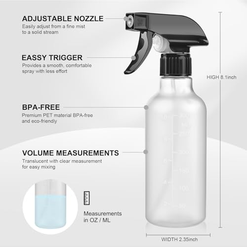 Bealee Empty Spray Bottles 2 Pack 10 Oz, Mist & Stream, Heavy Duty Spraying | Chemical-resistant, Leak-Proof, Better Trigger, BPA-free, Measurements, for Cleaning Solutions, Plants, Hair, Essential Oils