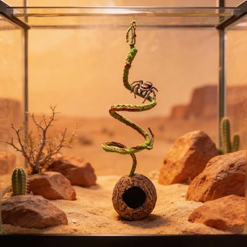 Resin Reptile Hide with Bendable Vine - Coconut Cave for Jumping Spiders, Tarantulas & Small Geckos - Terrarium Decor for Molting & Enrichment (3.4"x3.4"x7.9")