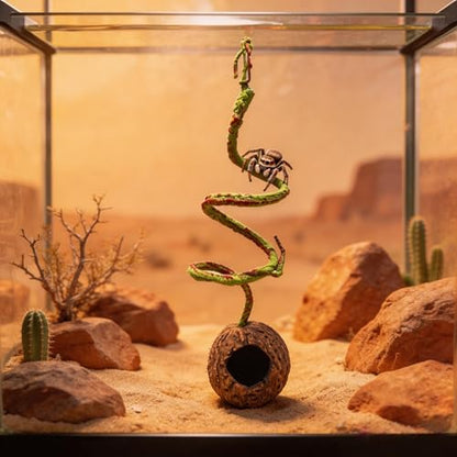 Resin Reptile Hide with Bendable Vine - Coconut Cave for Jumping Spiders, Tarantulas & Small Geckos - Terrarium Decor for Molting & Enrichment (3.4"x3.4"x7.9")