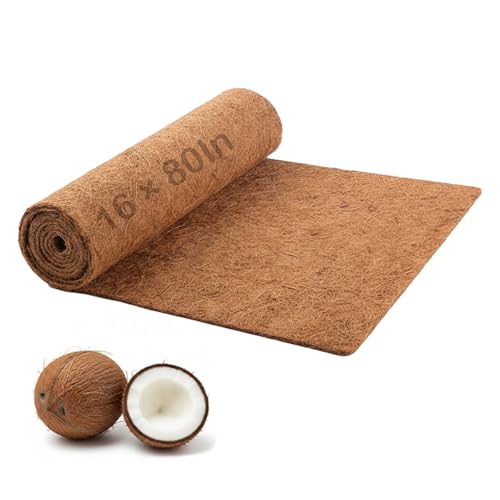 Coco Coir Mulch for Landscaping, 16x80 Inch Coconut Fiber Grass Seed Mat Roll, Coco Liners for Planters and Pet Pad, Plant Covers from Animal Dirt and Tree Protectors - size: 16*80in