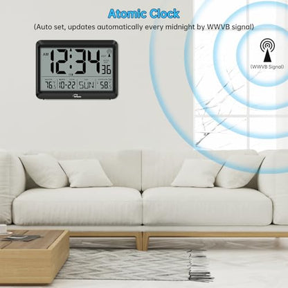 8.5'' Digital Atomic Clock with Indoor Outdoor Temp | Battery Operated Self-Setting Clock with Day and Date, 4 Time Zones, Auto DST, Suitable for Classroom, Office, Living Room - size: 8.5 INCH