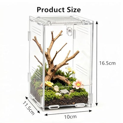 Vertical Acrylic Terrarium, 4.5" x 3.9" x 6.5" Clear Small Pet Enclosure with 304 Stainless Steel Mesh Top, Waterproof Base, Secure Door for Jumping Spider, Tarantula Sling and Small Invertebrates